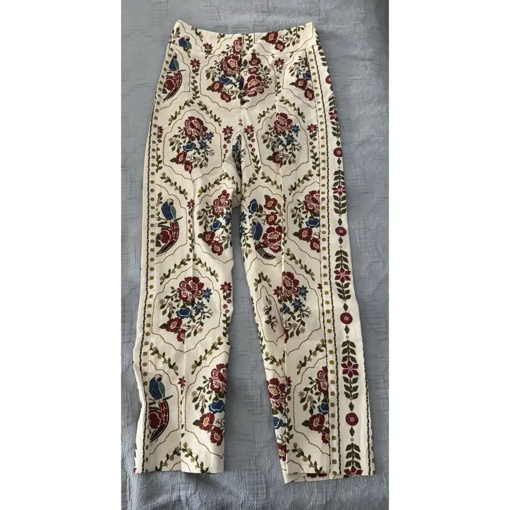 NWT Sezane x Farm Rio Tiago Crop Linen Cream Floral Pants Sz Fr 36 US 4